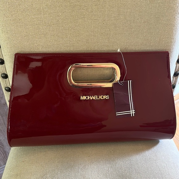 Michael Kors Handbags - Michael Kors Large Patent Clutch Shoulder Bag New Red Gold